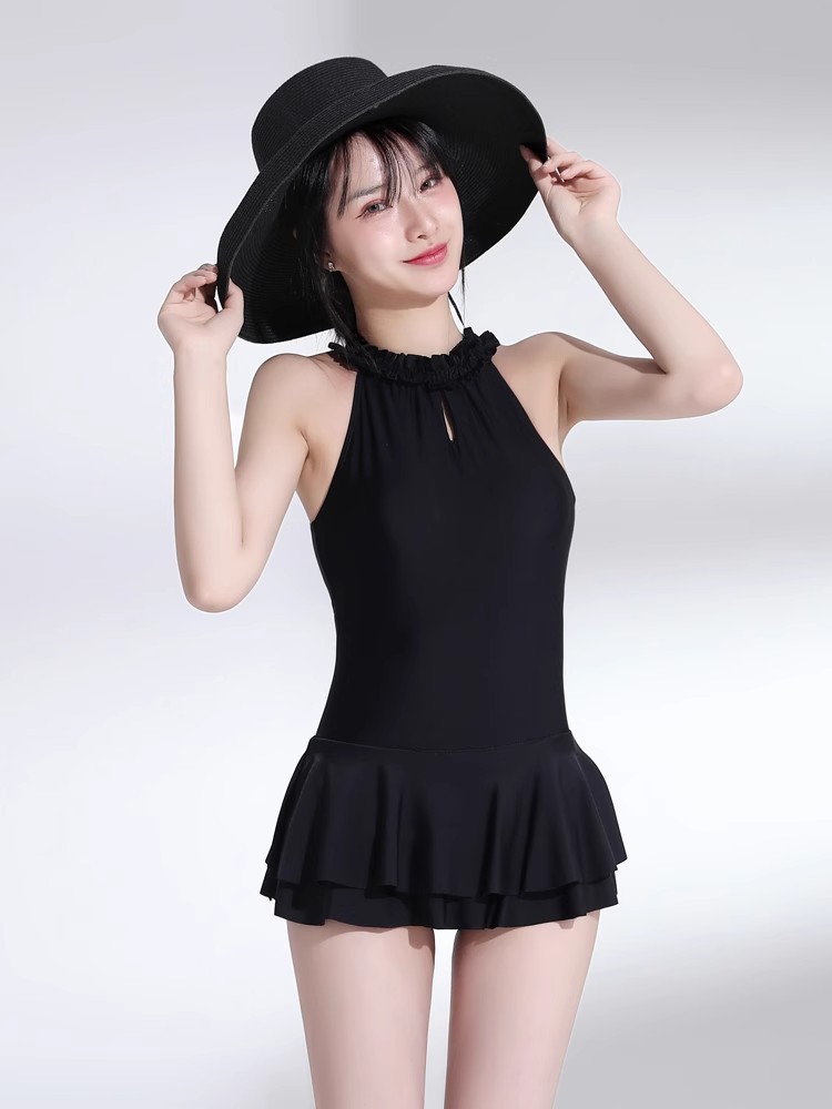 泳衣女新款连体韩系纯欲ins风裙式遮肚显瘦露背纯黑色泡温泉泳装107011详情5