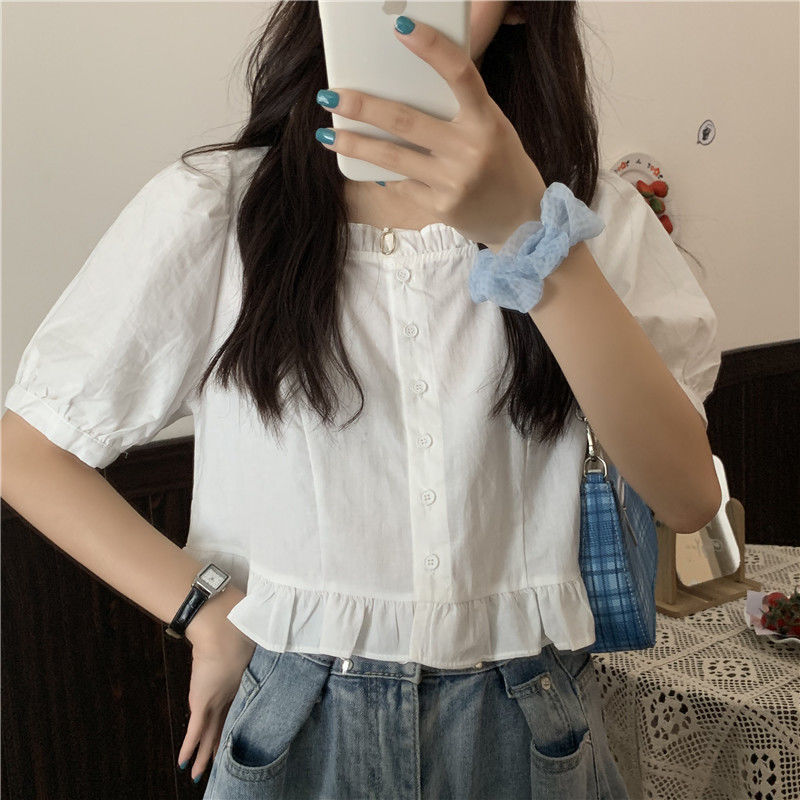 短袖衬衫女设计感小众夏季法式甜美减龄短款上衣方领小个子娃娃衫详情24