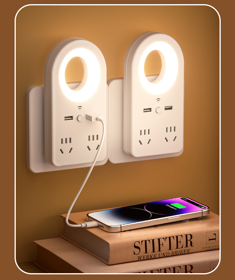 智能语音声控小夜灯带插座usb多功能插排家居LED柔光宿舍护眼台灯详情30