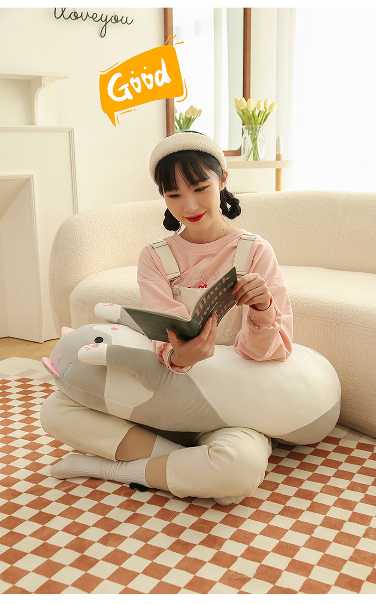 跨境长条猫胖款抱枕可爱猫咪动物公仔毛绒玩具安抚娃海外压缩包装详情28