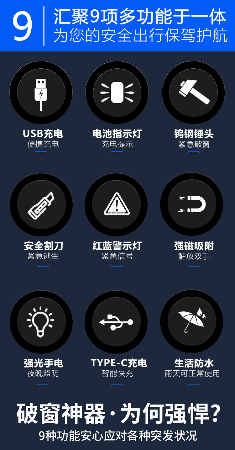 Cross-border new COB work light, multi-functional maintenance light, red and blue light warning light, USB charging safety hammer, emergency light pic 2