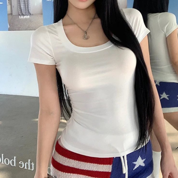 2025新款女式紧身T恤 大U领低领设计 显瘦百搭夏季短款上衣 小个子女生专享 短袖T恤打底衫详情13