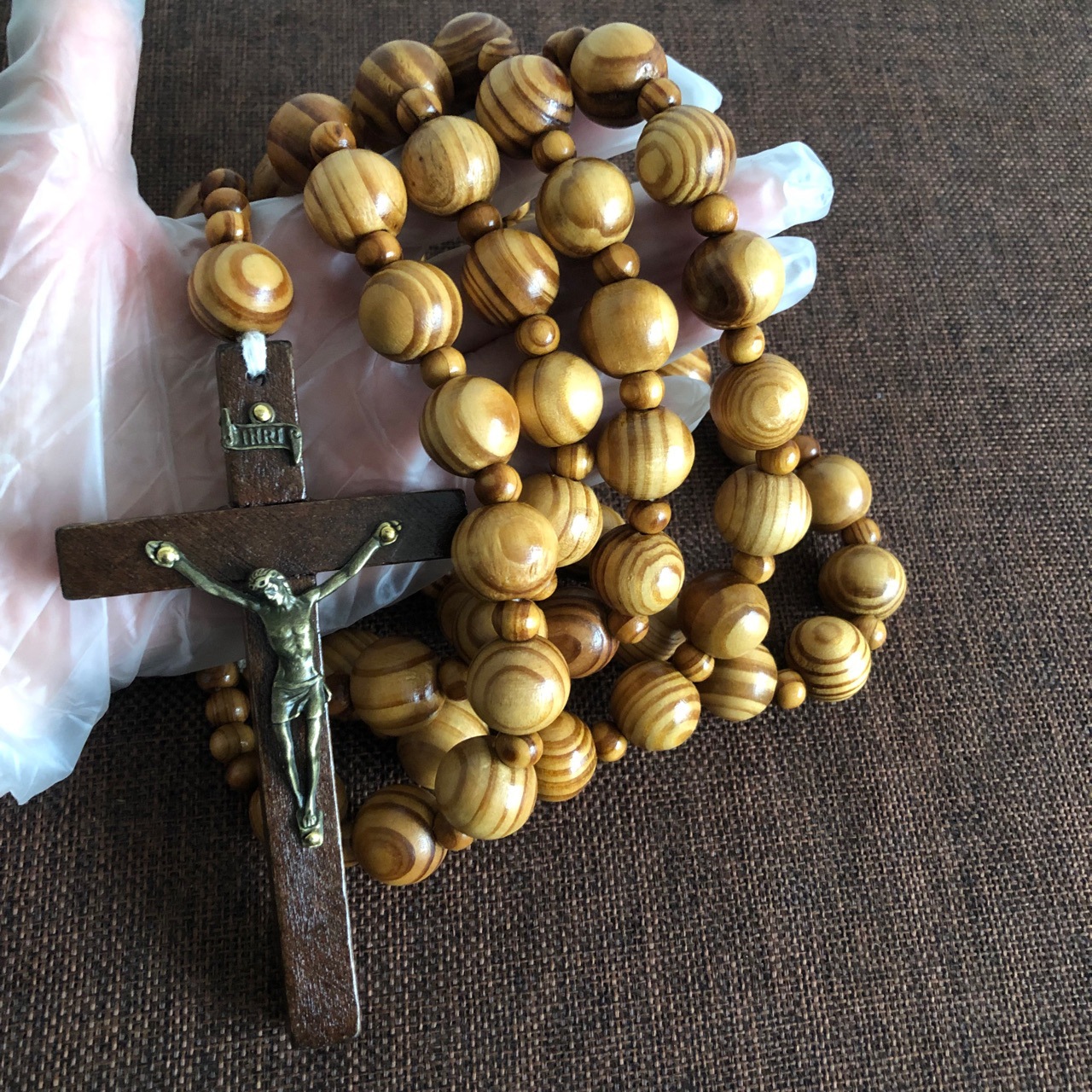 Giant WALL hanging beads, pine wood imitation olive wood cross necklace WALL ROSARY decoration pic 3