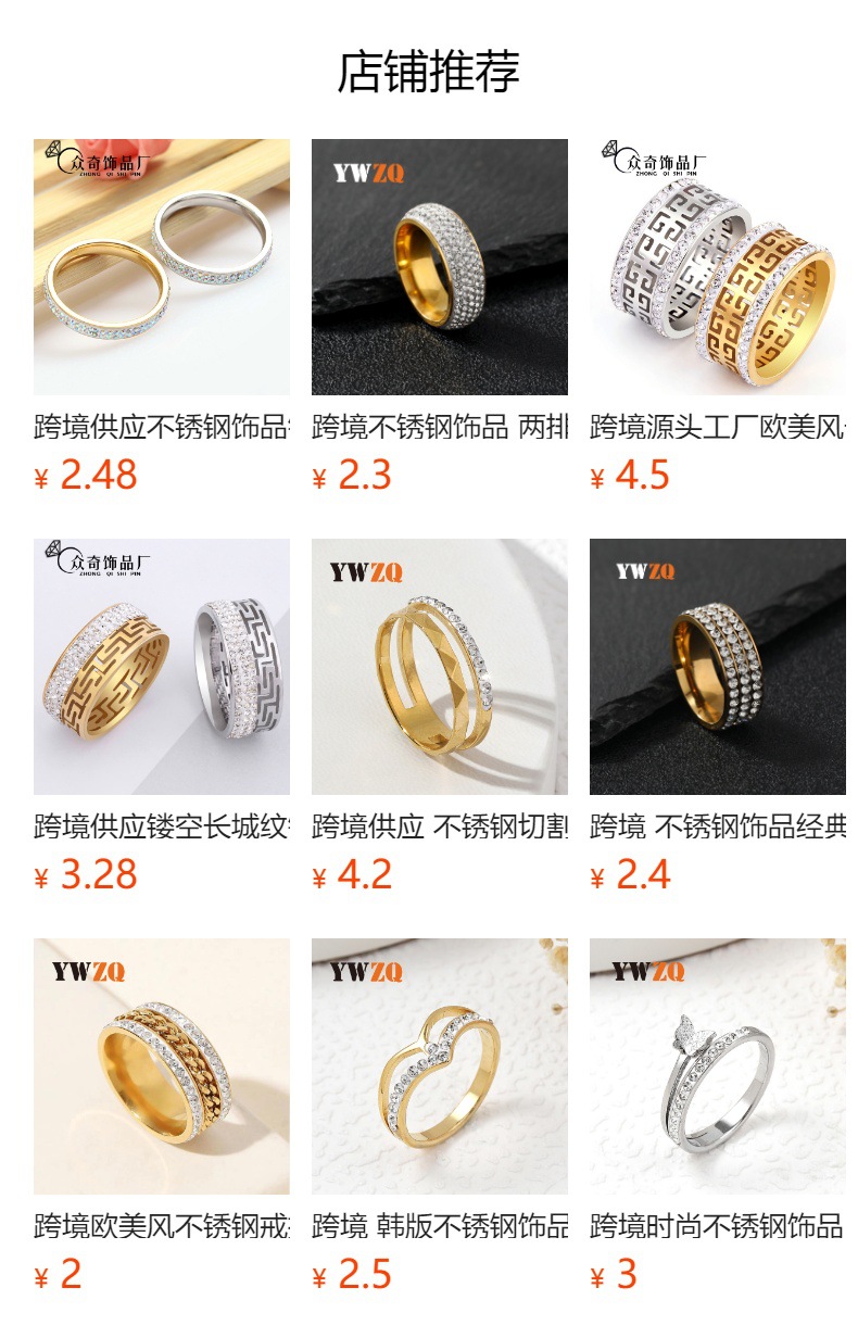 跨境供应 欧美风不锈钢饰品 软陶泥五排钻镶满钻情侣钛钢戒指厂家详情2