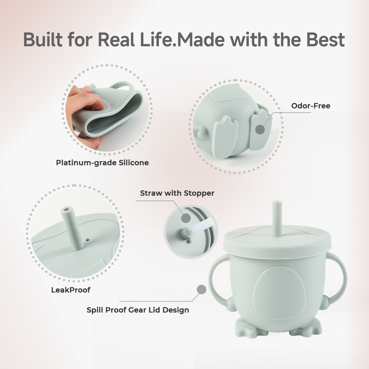 企鹅水杯食品级儿童硅胶吸管水杯现货 跨境婴儿双耳硅胶防摔水杯详情3