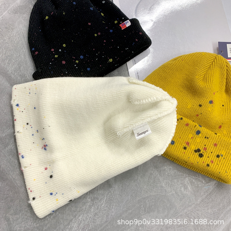 Nuevo versatil niche otoño invierno mujer sombreros de punto hechos a mano jet paint graffiti broken hole sombreros tendencia abrigos sombreros fríos hombres pic 7