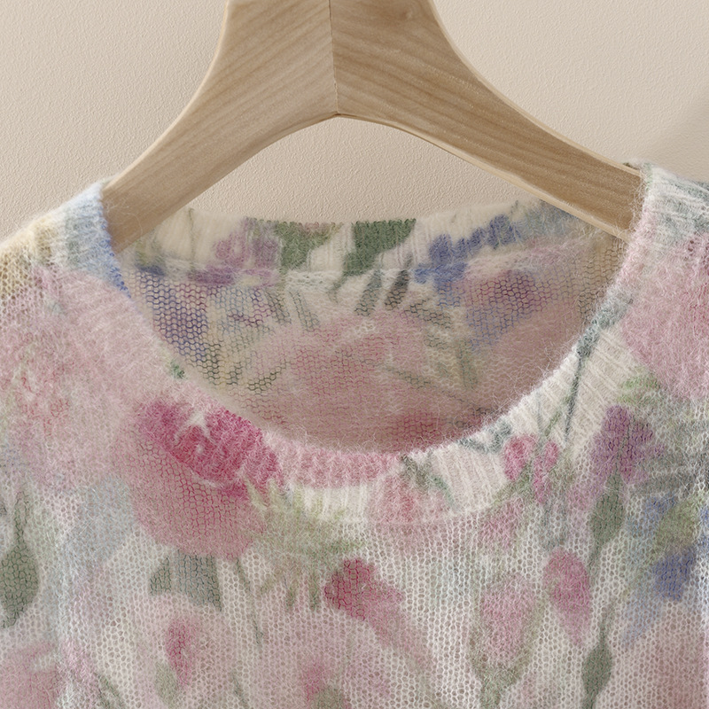 Flower Fairy Watercolor printed long-haired alpaca wool knitted sweater for spring, new wool round-neck pullover sweater for women pic 12