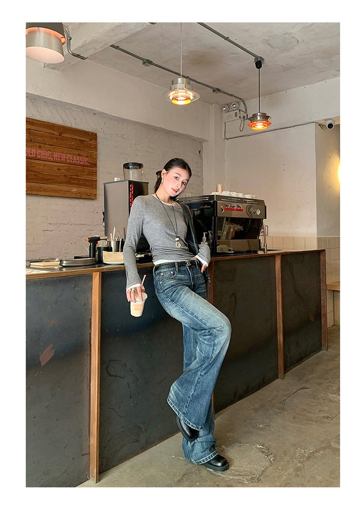 【今茵】新款美式复古水洗做旧中低腰无弹微宽松喇叭拖地牛仔裤女详情21