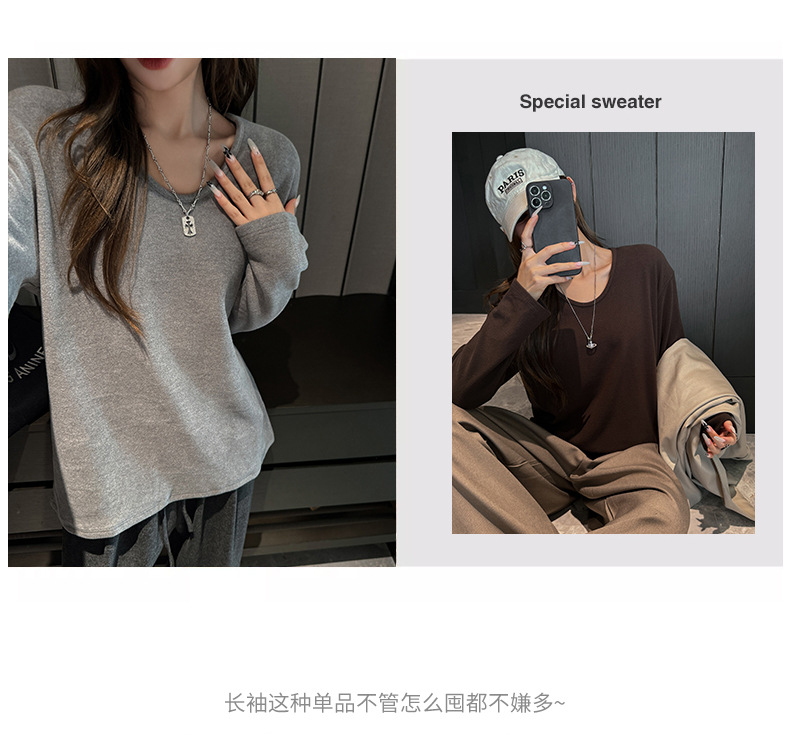 德绒百搭纯色宽松版休闲V领长袖t恤女式慵懒风秋冬季加绒加厚上衣详情3