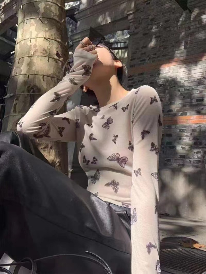 夏薄款精品天丝防晒衣设计感蝴蝶结印花罩衫长袖T恤女装一件代发详情8