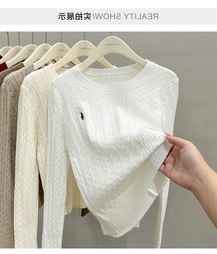 A loose embroidered knitted base layer for women can be paired with a new autumn and winter stylish long-sleeved white sweater with a twist pattern pic 7