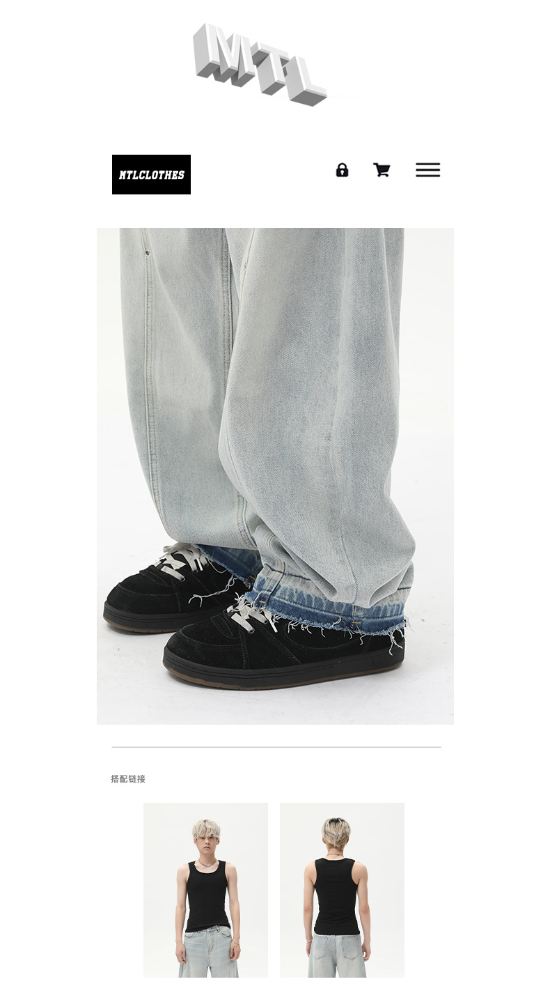 MTLCLOTHES男装| 小众设计感浅色阔腿牛仔裤宽松显瘦直筒弯刀裤潮详情4