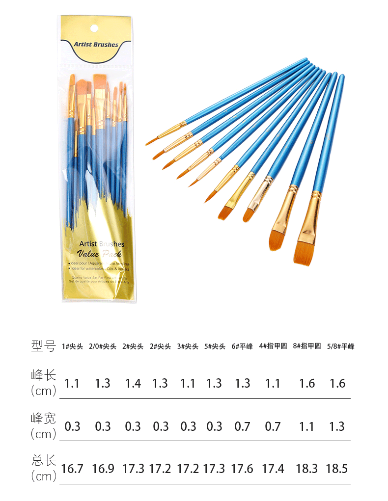 跨境亚马逊儿童美术套装10支塑料长杆水粉丙烯油画画笔尼龙材质DIY绘画工具详情9