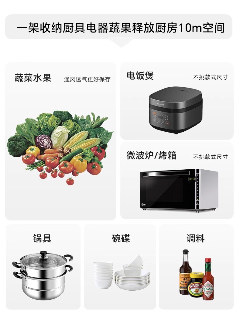 不锈钢厨房置物架菜篮子落地多层多功能微波炉锅具收纳架零食架子详情5