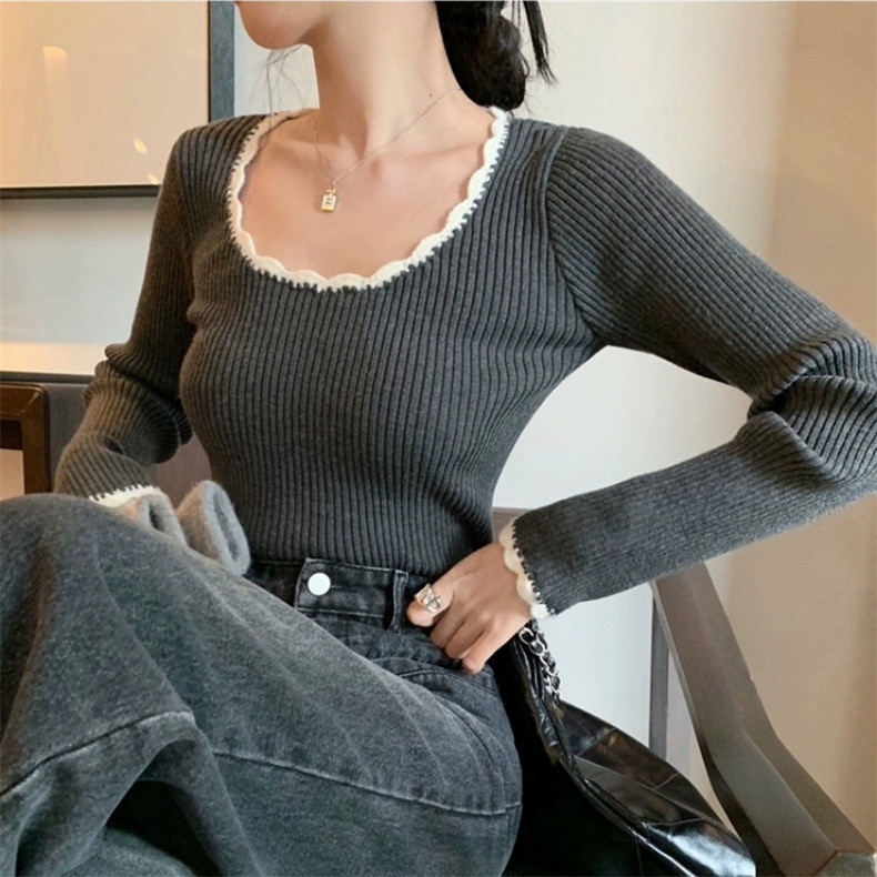 KANING复古撞色打底针织衫女2025春季新款法式气质修身内搭毛衣女详情2