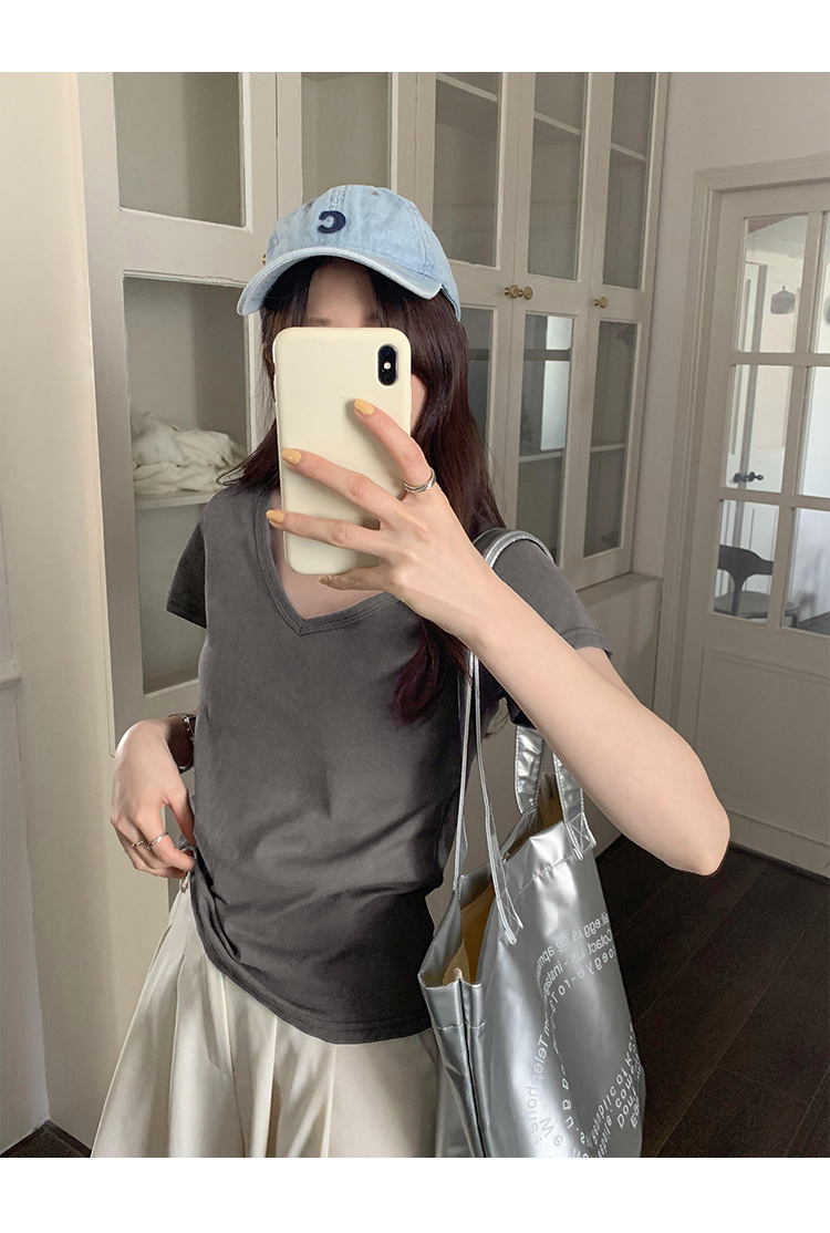 简约百搭V领纯色休闲短袖T恤女2024夏季新款轻薄透气宽松显瘦上衣详情23