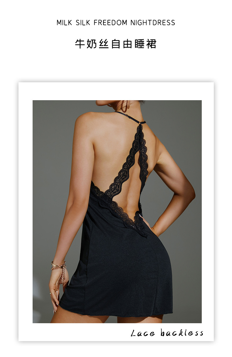 Feiyun Foreign Trade Sexy backless Pure Slimming pajamas Lace Solid Color milk Silk halter Dress Home Wear 589 pic 3