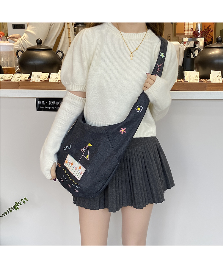 ins新款小插画牛仔斜挎包包女百搭大容量单肩包袋口拉链学生书包详情10