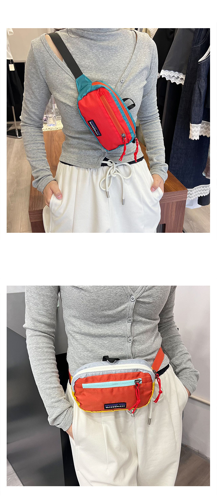 批发新款小号拼色斜跨彩色运动腰包男女同款户外跑步女士胸包百搭轻便实用详情7