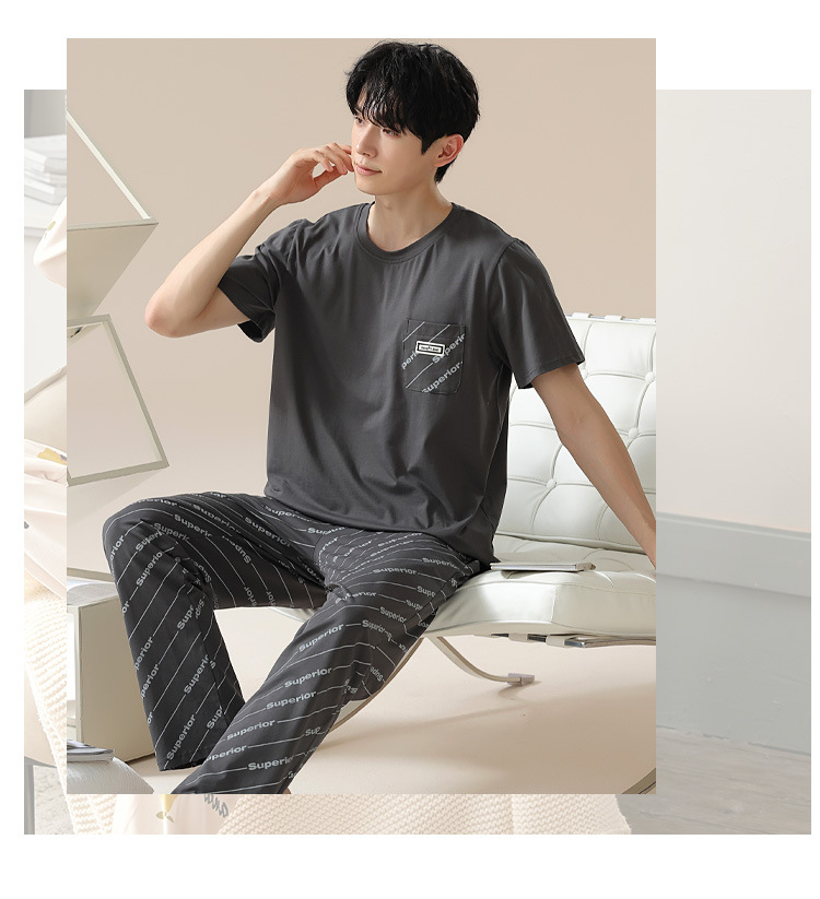 Summer pure cotton pajamas for men, cartoon casual short-sleeved shirts and long pants, pure cotton comfortable home wear, summer youth student set pic 184