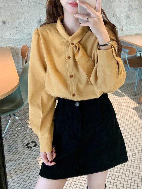 A French retro white bow tie top for women in autumn and winter, paired with a puffed-sleeve corduroy shirt and a stylish inner shirt pic 6