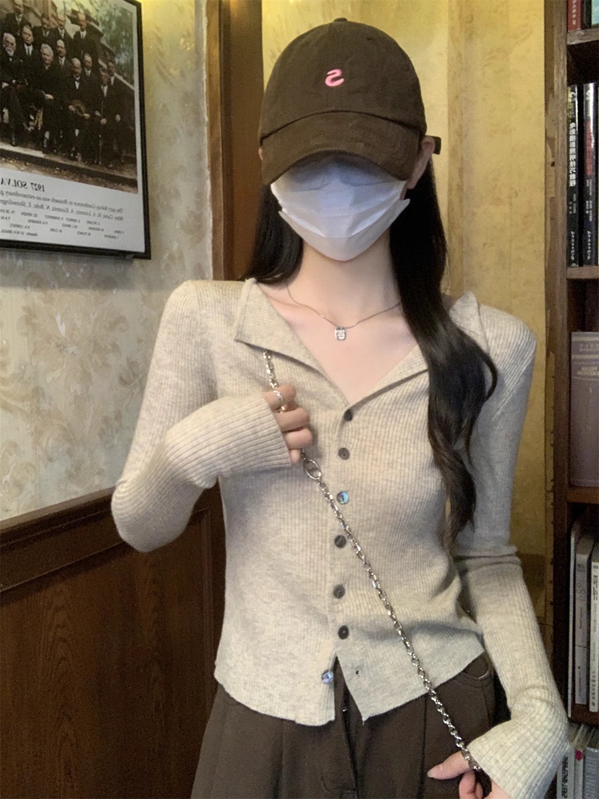法式翻领长袖针织开衫女秋季2024新款小众设计感修身打底短款上衣详情22