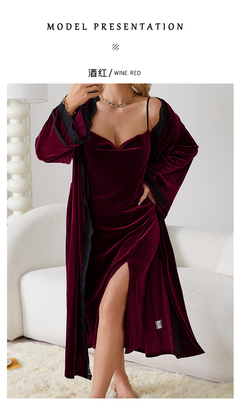 Feiyun European and American style sexy slit pure backless velvet sweet nightgown Simple outer robe Home set 651 pic 10