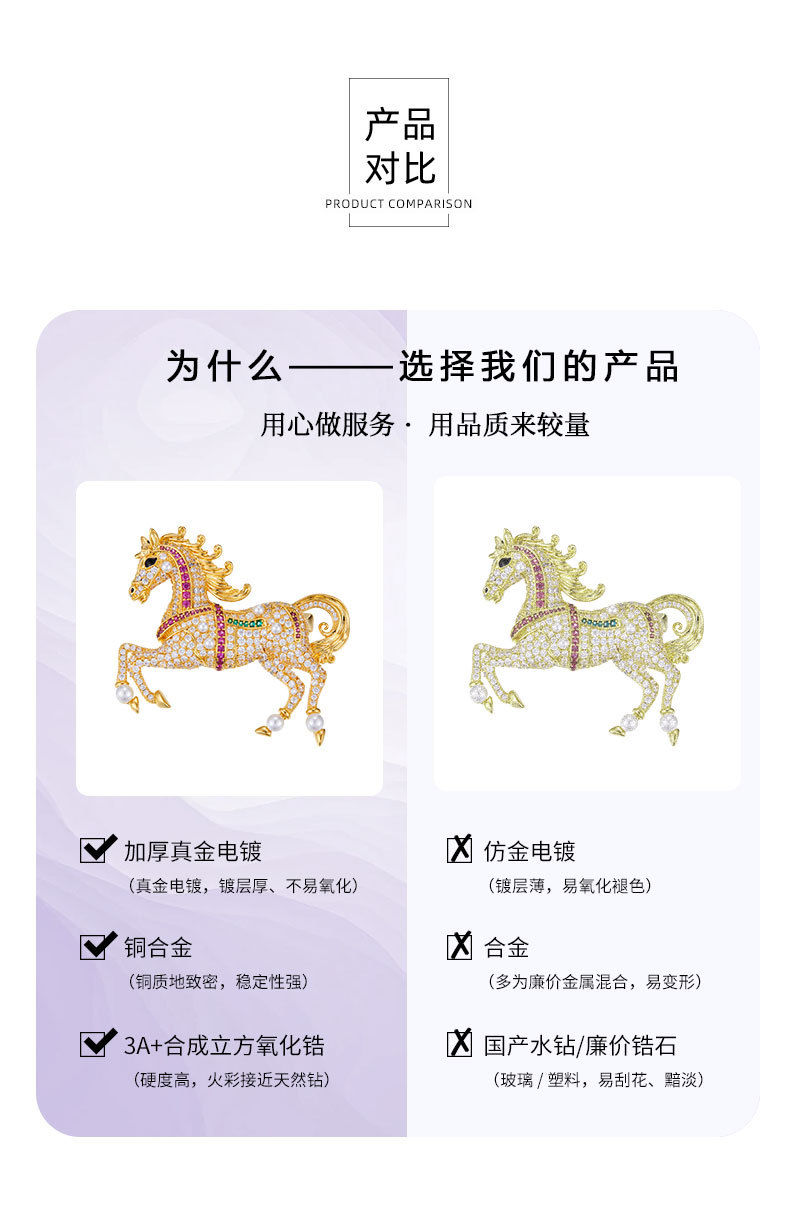 The Year of the Horse brings good luck. Light luxury zirconium galloping horse brooch, copper alloy real gold electroplated hook, dual-purpose zodiac horse brooch pic 14