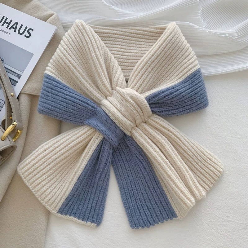 This women's autumn and winter scarf exudes a sense of high-end warmth and warmth. It features a color-blocked knitted cross yarn that is fashionable and cute. It's a winter scarf for young girls pic 14
