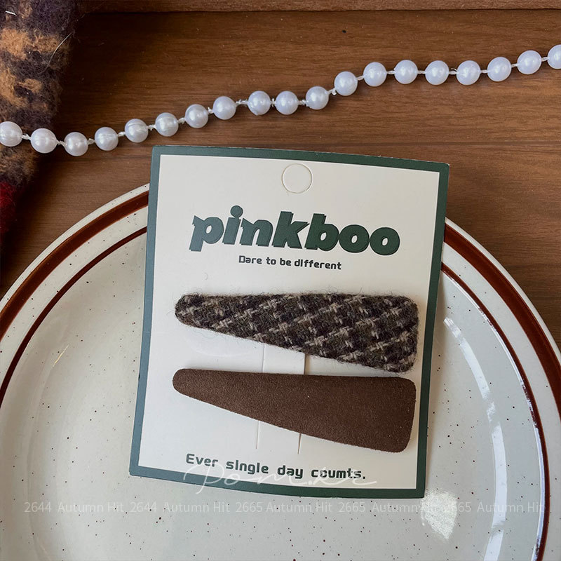 韩系简约毛呢发夹复古格纹侧边夹 日常通勤氛围感发夹秋冬气质pinkboo 复古格纹呢料发夹：棕蓝调简约款 通勤百搭秋冬质详情5