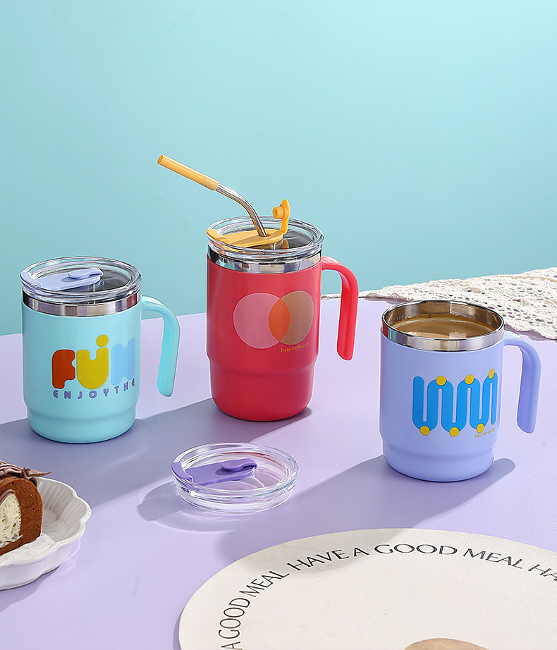 Simple water cup with handle, household and office sealed water cup, mug, student water cup with straw, stainless steel water cup pic 14