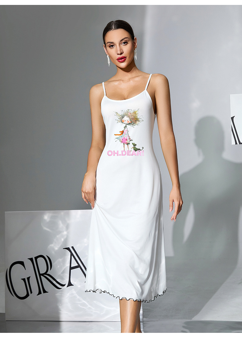 Milk silk skin-friendly halter long dress for women. Multiple patterns to choose from. Printed black and white ear trim. Home wear and sleeping dress 930 pic 13