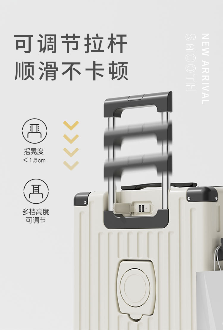行李箱厂家代发 新款20寸休闲拉链旅行箱 静音杯架USB密码拉杆箱详情12