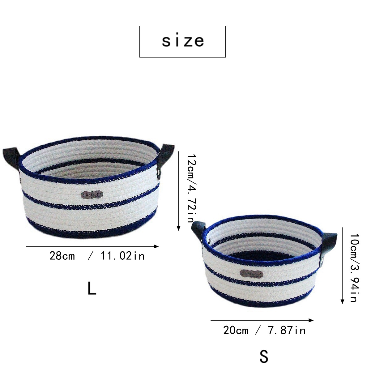 Round cotton rope woven storage basket with leather handle, InS-style desktop storage basket, cosmetics and toys storage box, Nordic style pic 4