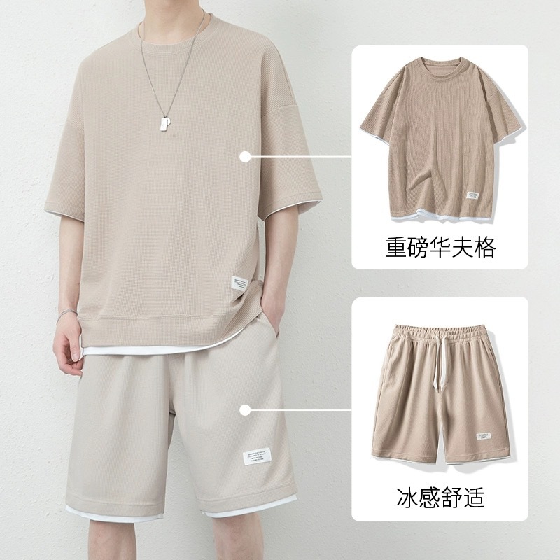 华夫格休闲套装男士夏季青少年大码男装运动短袖短裤搭配一套T恤详情11