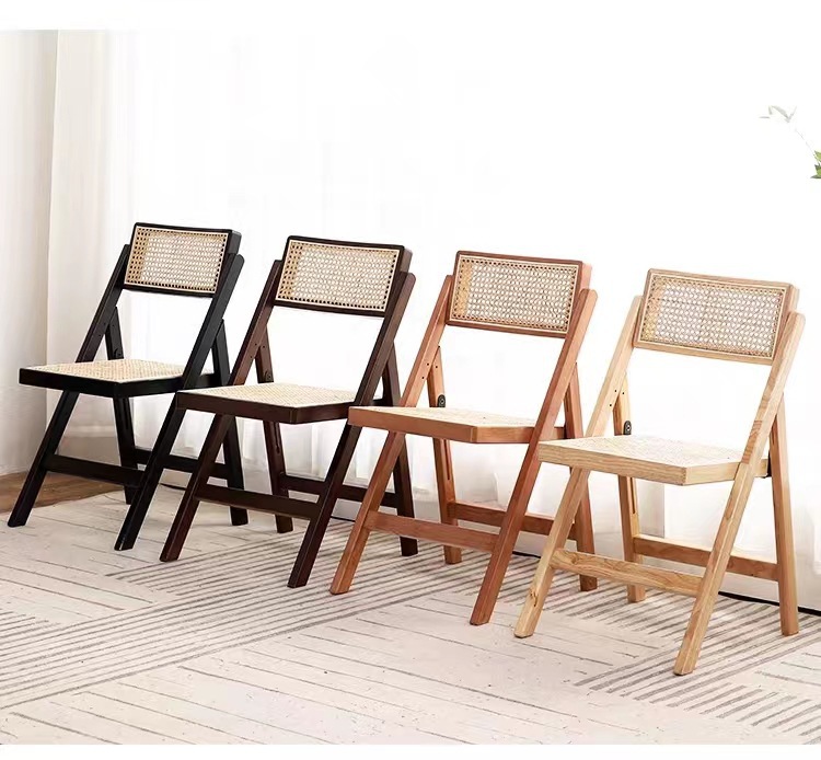 中古侘寂风藤编椅子家用折叠椅实木凳子靠背餐椅北欧风休闲办公椅详情3