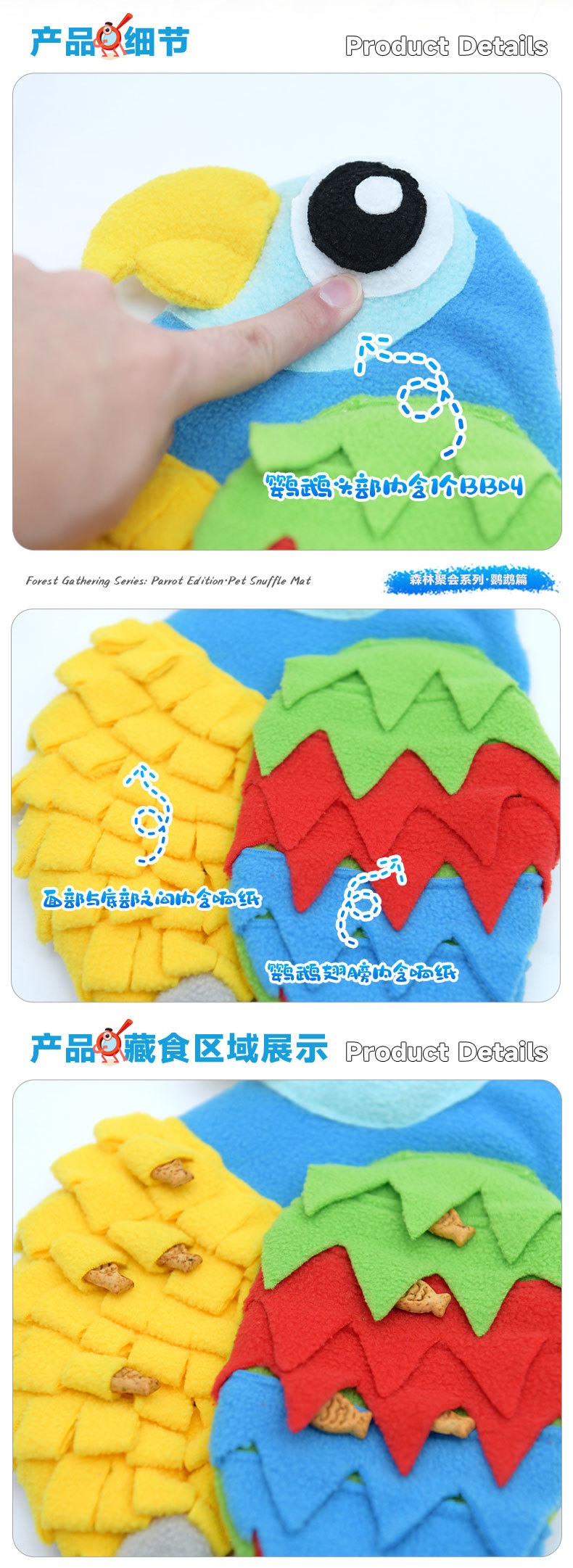 Rongka Pet Cross-border Forest Gathering Series: Colorful parrot-shaped pet Sniffing Pads, Fun and educational Hidden food pads pic 6