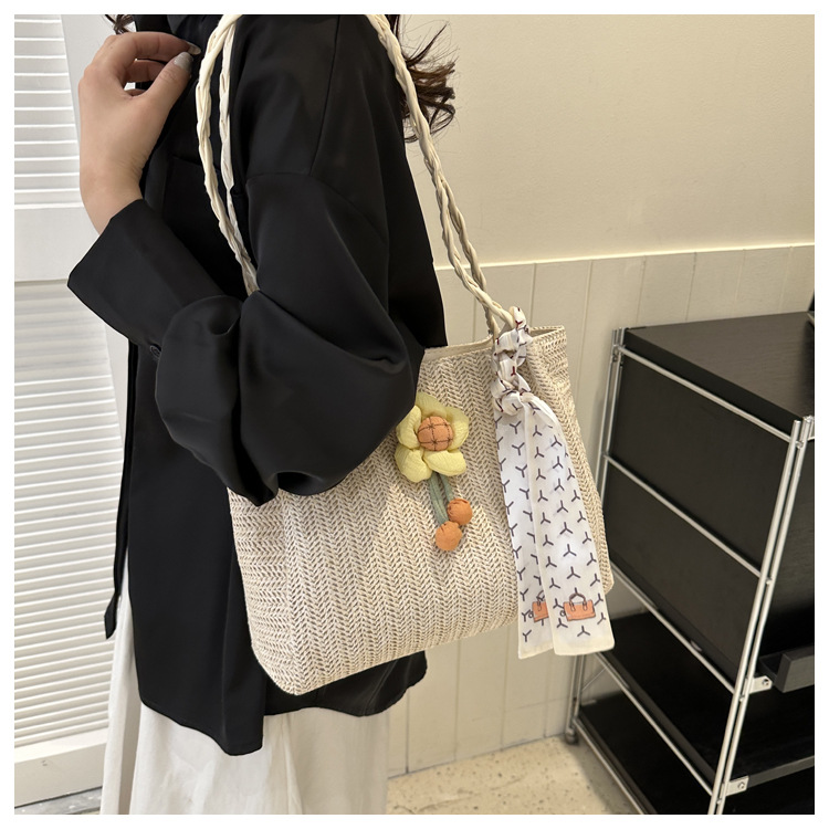 编织草编包包女大容量2023新款夏天花朵单肩休闲潮流洋气托特包详情11