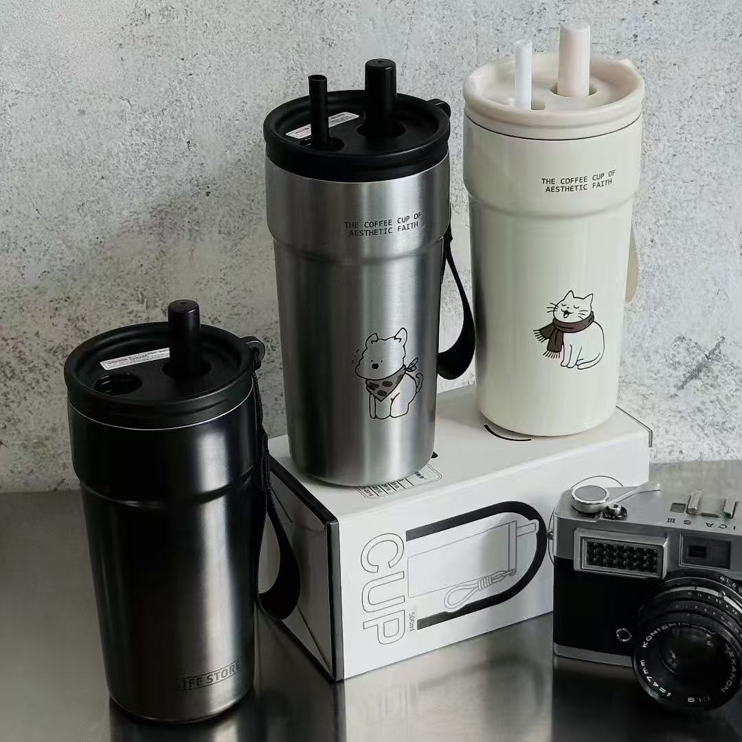 Wholesale of new stainless steel portable coffee cups with high appearance standards, cartoon student outdoor double-drinking straw insulated cups and water cups pic 4