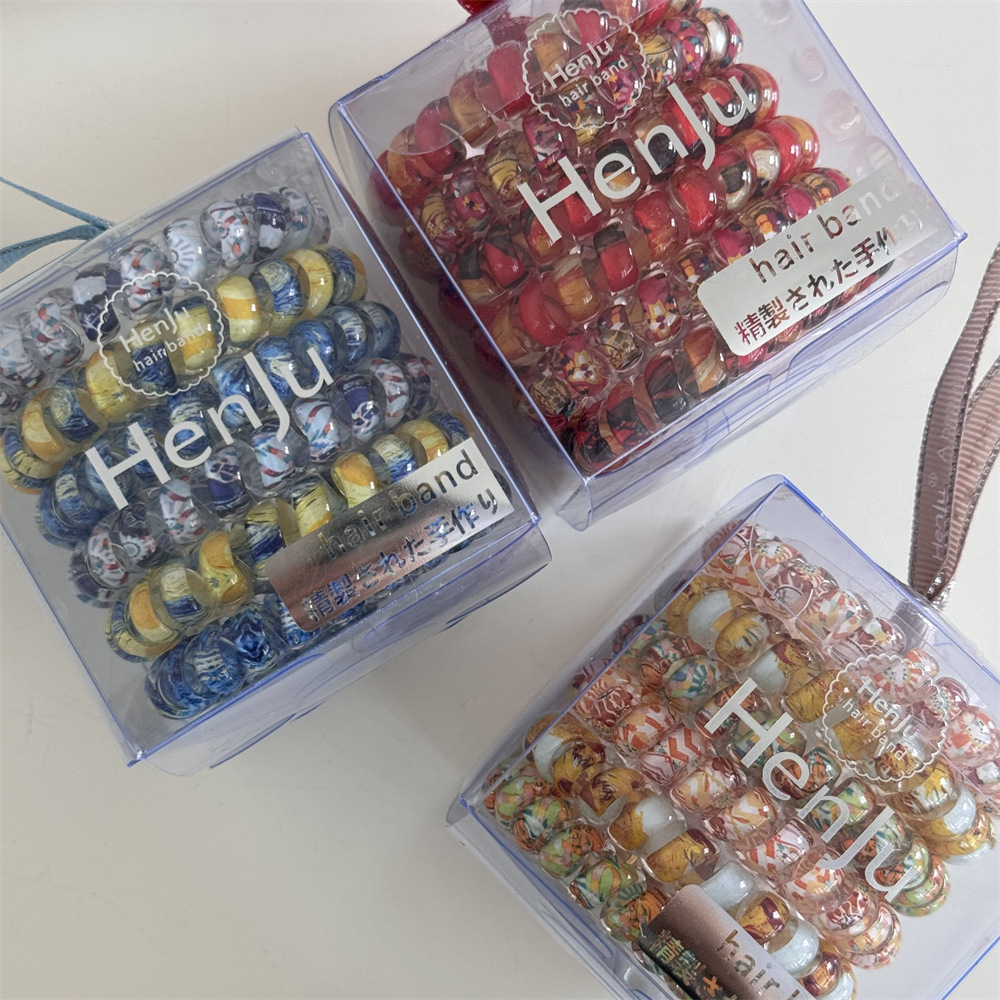 Floral, colorful, seamless telephone line hair tie, box-set hair band, new high-end style hair tie, high-elasticity rubber band headwear pic 7