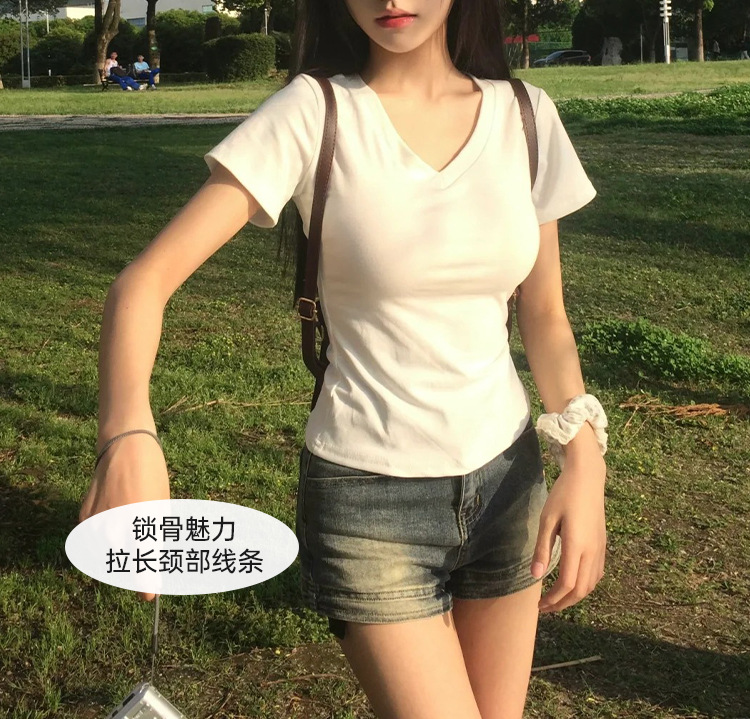 纯棉v领短袖t恤女夏2025新款白色内搭修身显瘦掐腰半袖薄正肩上衣详情10