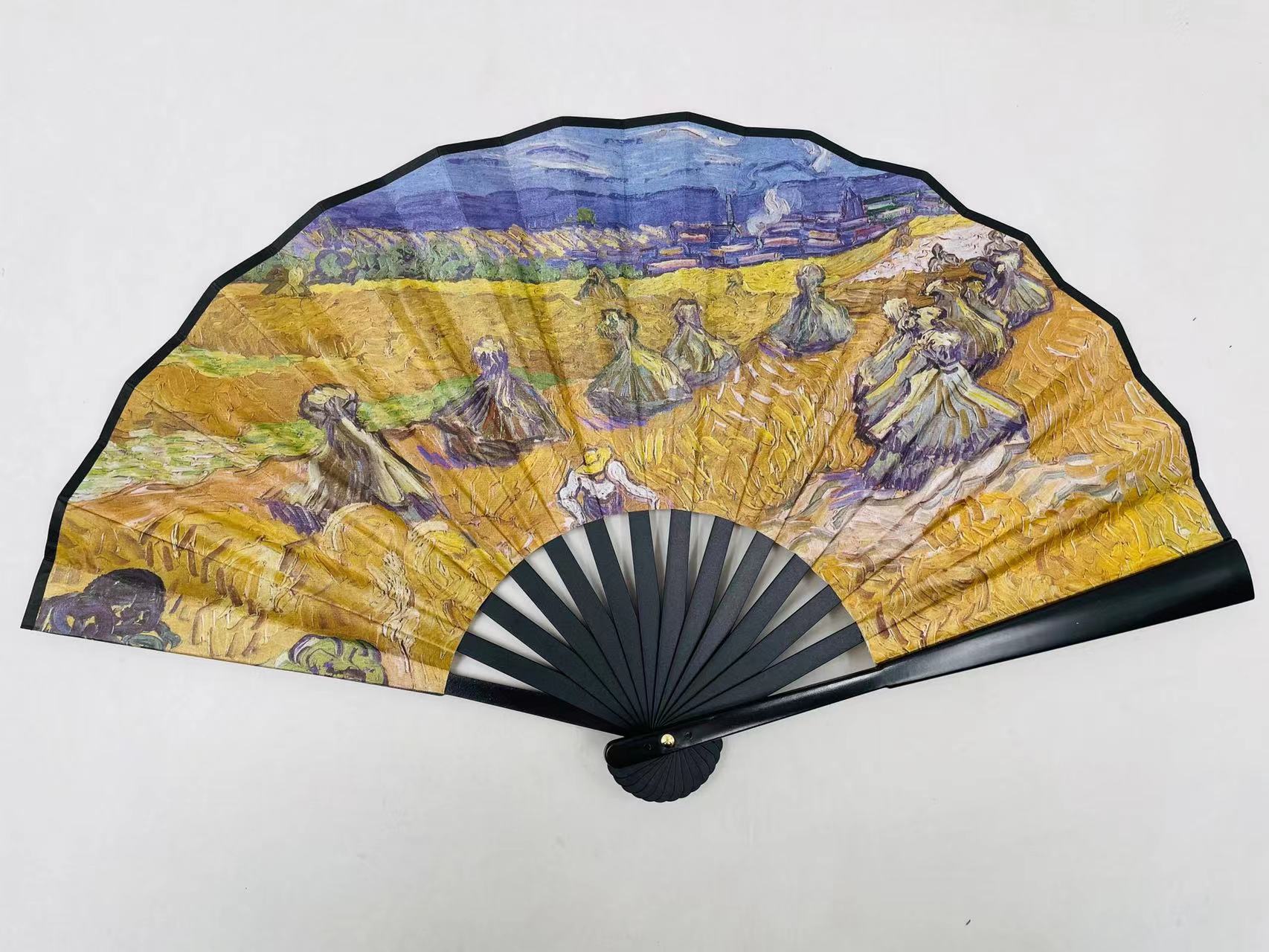 New oil painting series festival folding fans, popular hand fans in Europe and America, large fans, double-sided landscape printed fans pic 3