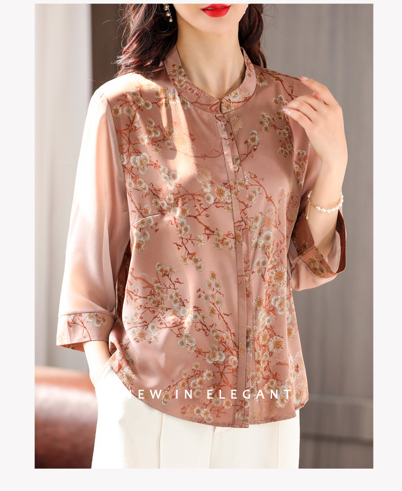 50岁妈妈夏装长袖真丝衬衫老人洋气上衣服中老年女春装桑蚕丝衬衣详情18