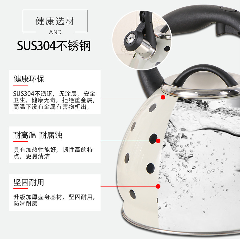 In-stock induction cooker, gas stove, universal Amazon cross-border e-commerce 3.0L polka dot stainless steel whistling kettle pic 11