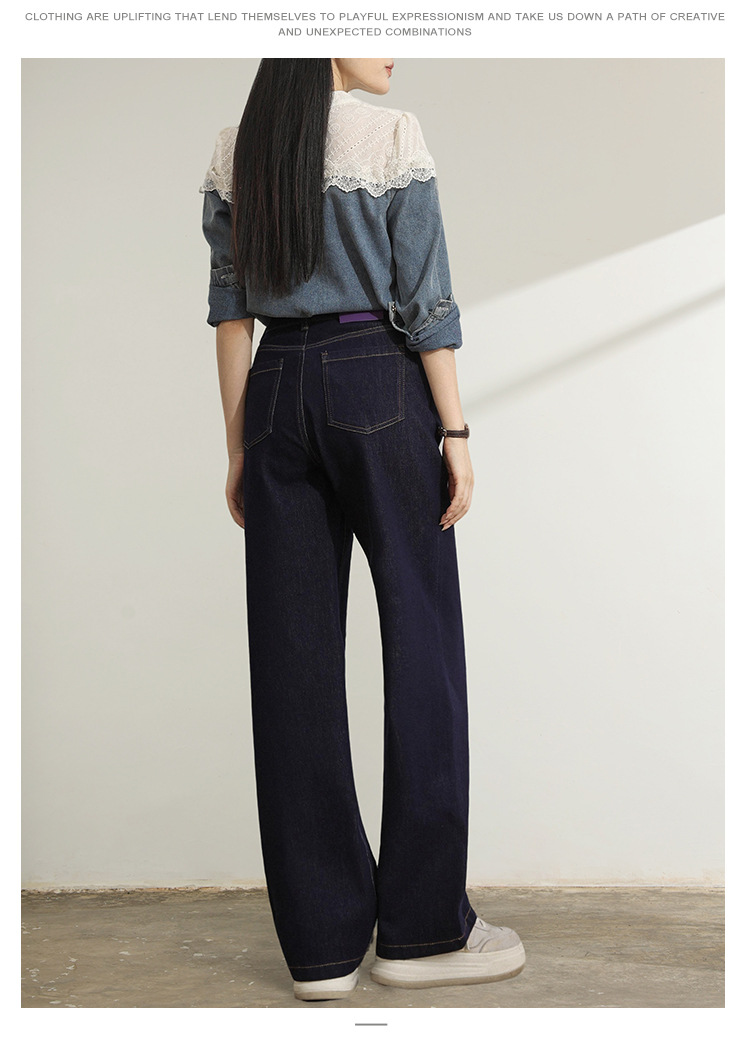 Factory direct sales of new style wholesale deep blue narrow jeans for women, casual and laid-back floor-length straight-leg pants with four-sided elasticity pic 13