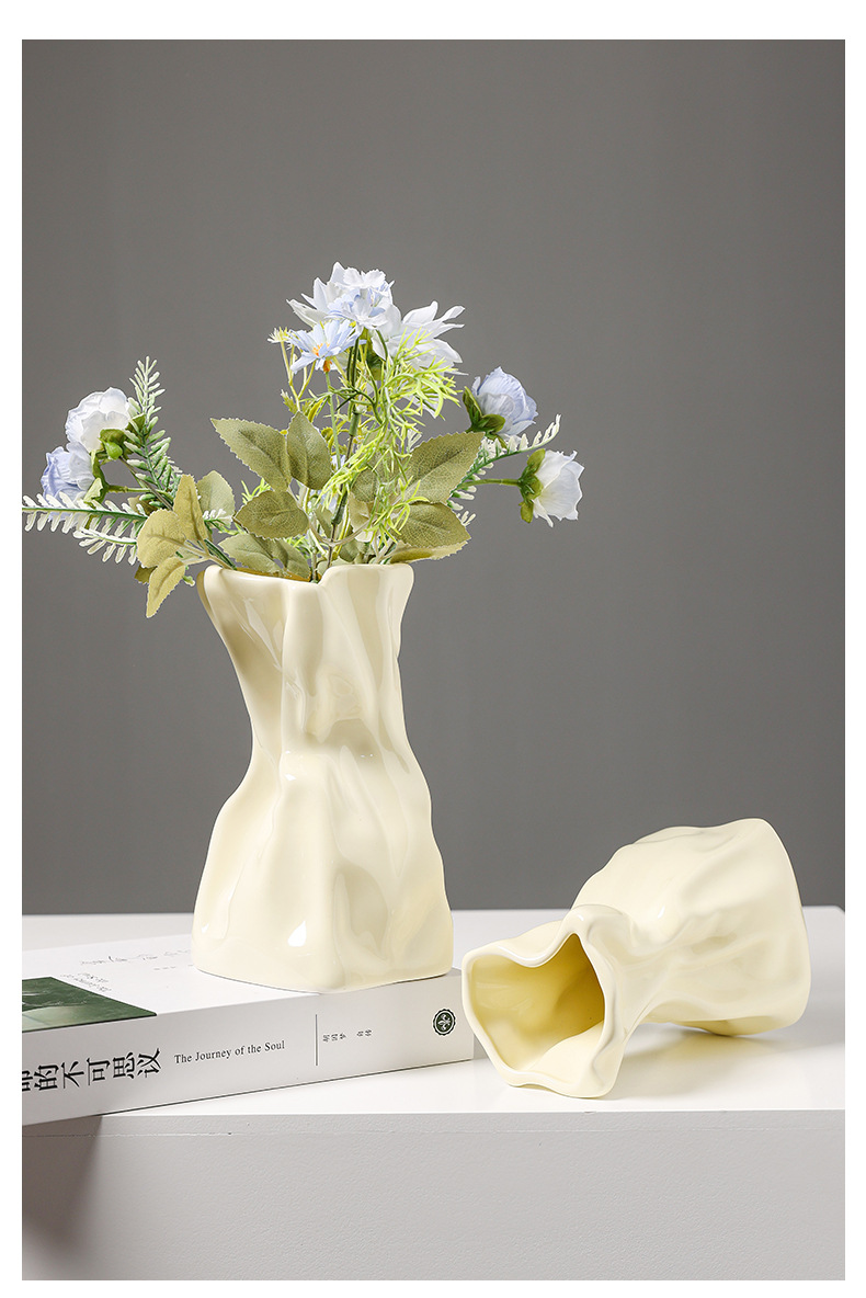 2025 New Nordic light luxury ceramic vase with a high-end feel, ins cream style, French hydroponic fresh flowers, hotel and home, living room flower arrangement, dining table decoration pic 3