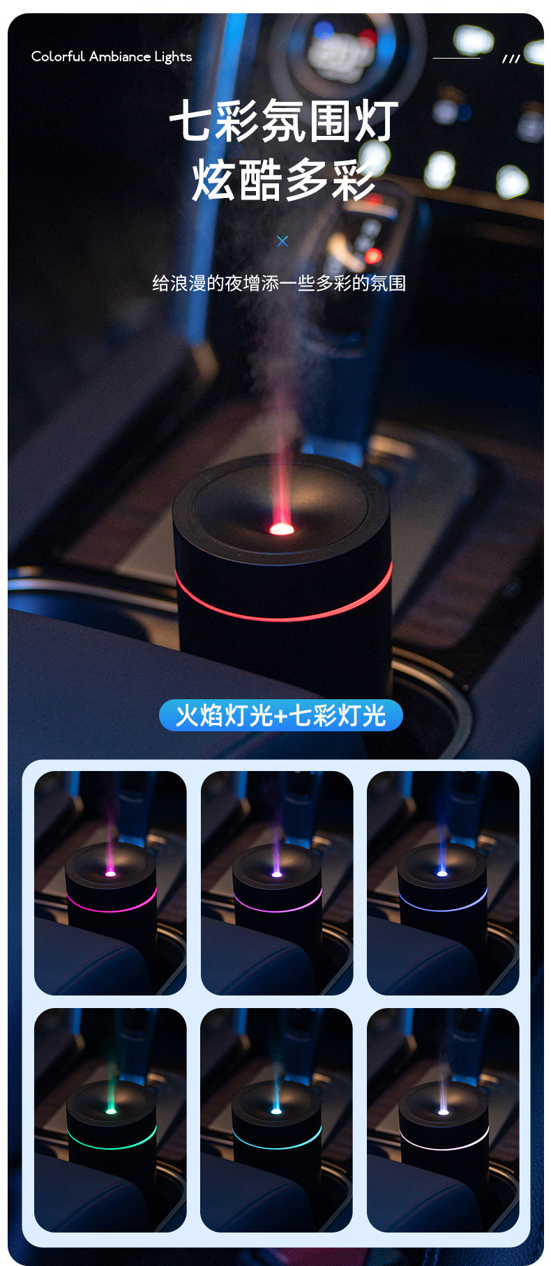 跨境新品七彩车载香薰机迷你便携香氛精油自动喷雾无线车载加湿详情8