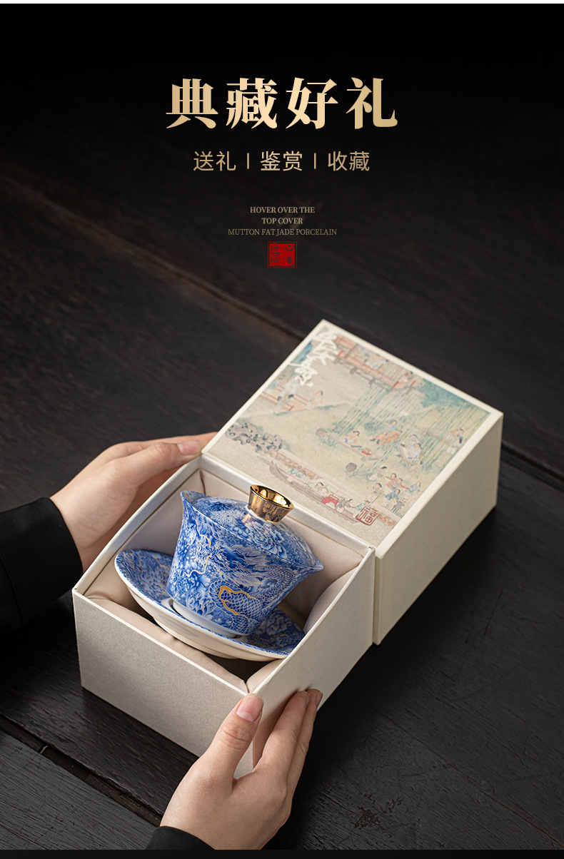 唐卡可旋转悬停盖碗中式青花金银错羊脂玉高档单个家用三才泡茶碗详情5