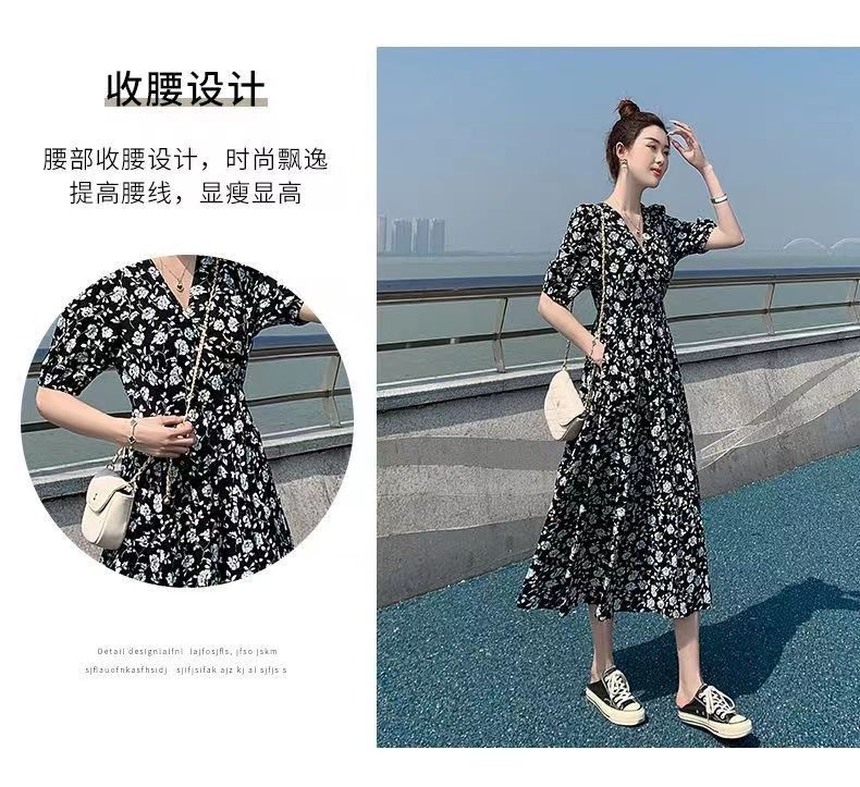 女装2024夏款碎花连衣裙过膝长款收腰显瘦V领高级感风短袖连衣裙详情4