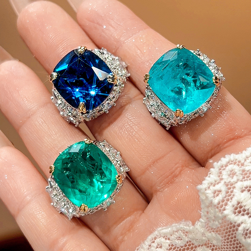 2025新款饰品戒指锆石女长方仿真蓝宝石帕拉伊巴高级感一件批发详情1